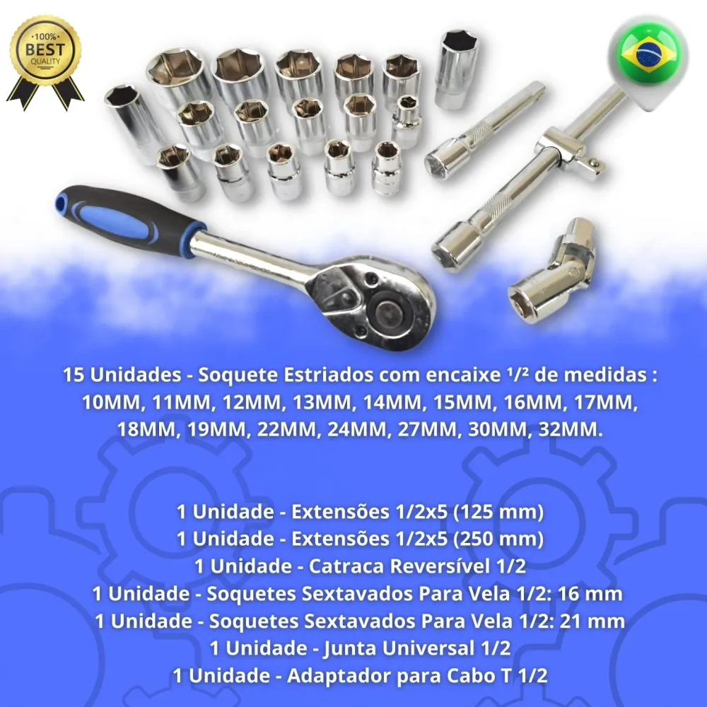Jogo Soquetes 22 Peças 10 32mm Kit De Ferramentas Completo