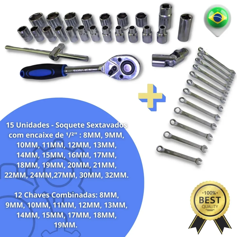 Jogo Soquetes 37 Peças 8 32mm Kit De Ferramentas Completo