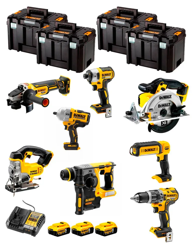 Kit Dewalt 8 ferramentas + 3 bat 5ah + Carregador DCB1104 + Kit 4xTstak VI DCK894P3