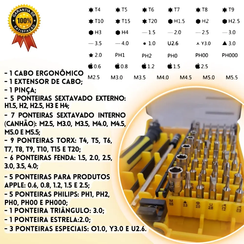 KIT Ferramentas 45 em 1 Reparo de Celular, Tablets, Notebook, PC, Smartwatch