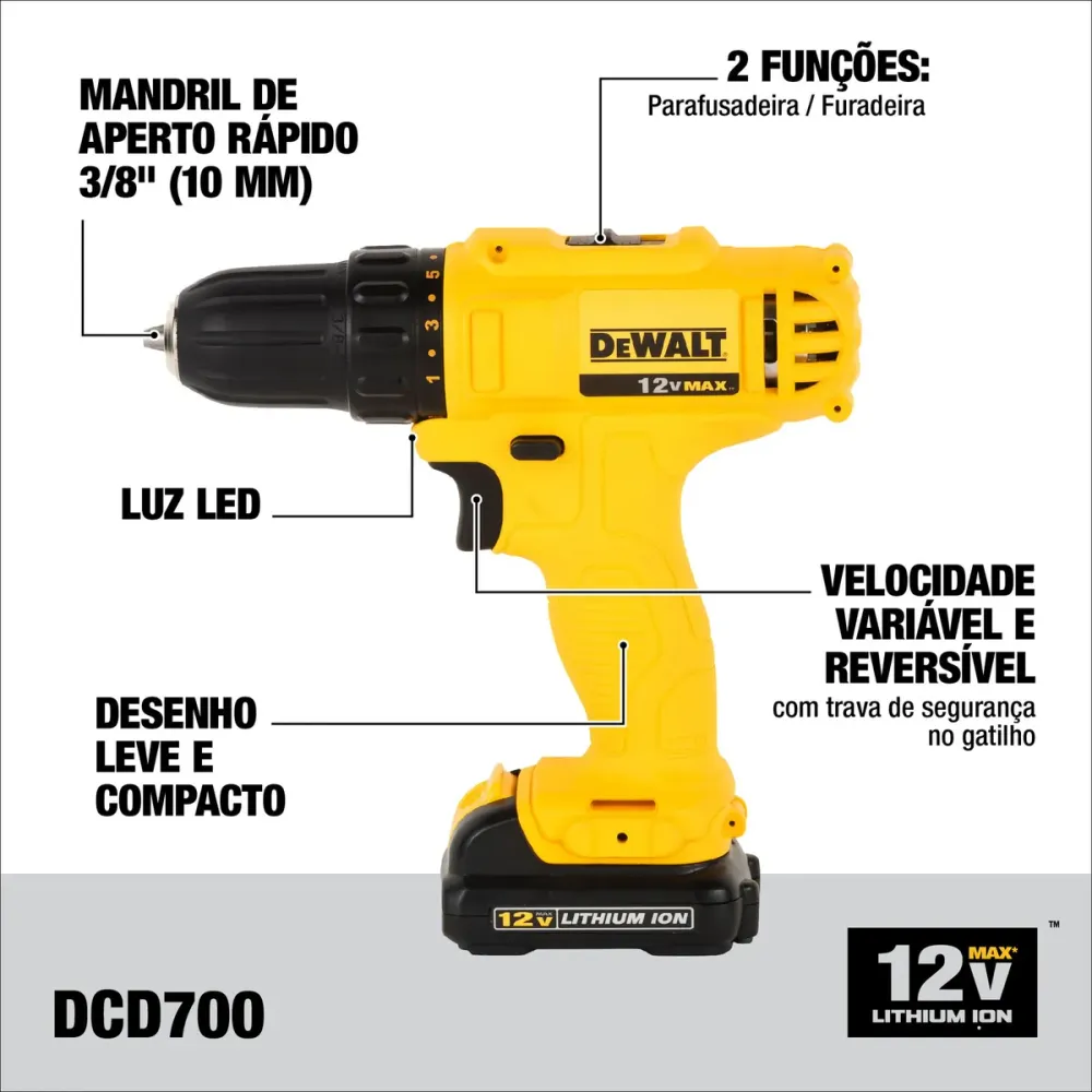 KIT FURADEIRA E PARAFUSADEIRA DE IMPACTO 12V 2 BATERIAS DCK201C2-BR DEWALT