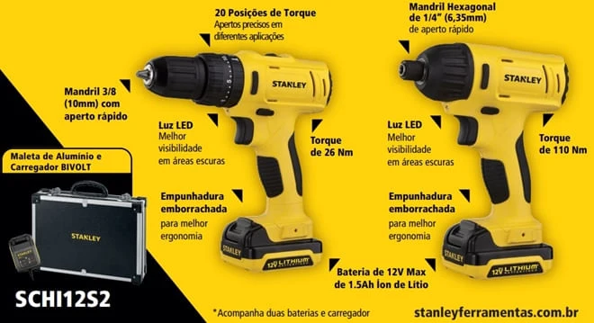 KIT PARAFUSADEIRA / FURADEIRA DE IMPACTO 3/8 12V SCHI121S2FK-BR COM MALETA STANLEY