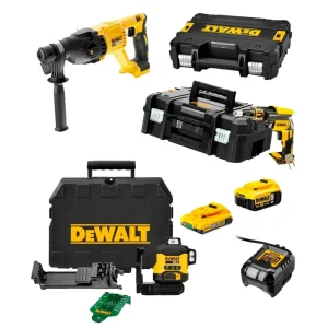 Mega Painel de Gesso Combo: Chave de Fendas DCF620 + Martelo DCH133 + Nível DCLE34031N + 2 Baterias Dewalt 18V