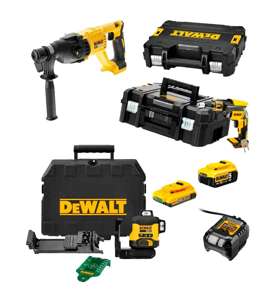 Mega Painel de Gesso Combo: Chave de Fendas DCF620 + Martelo DCH133 + Nível DCLE34031N + 2 Baterias Dewalt 18V