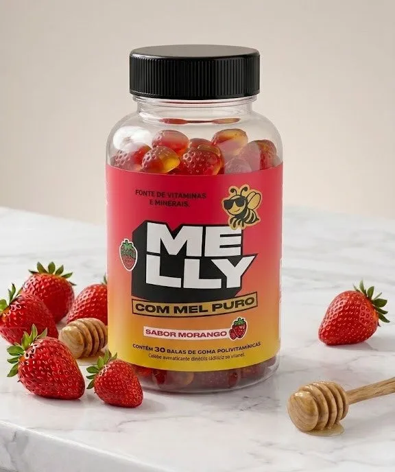 MELLY Gummies - com mel puro - 30 Gomas - Sabor morango
