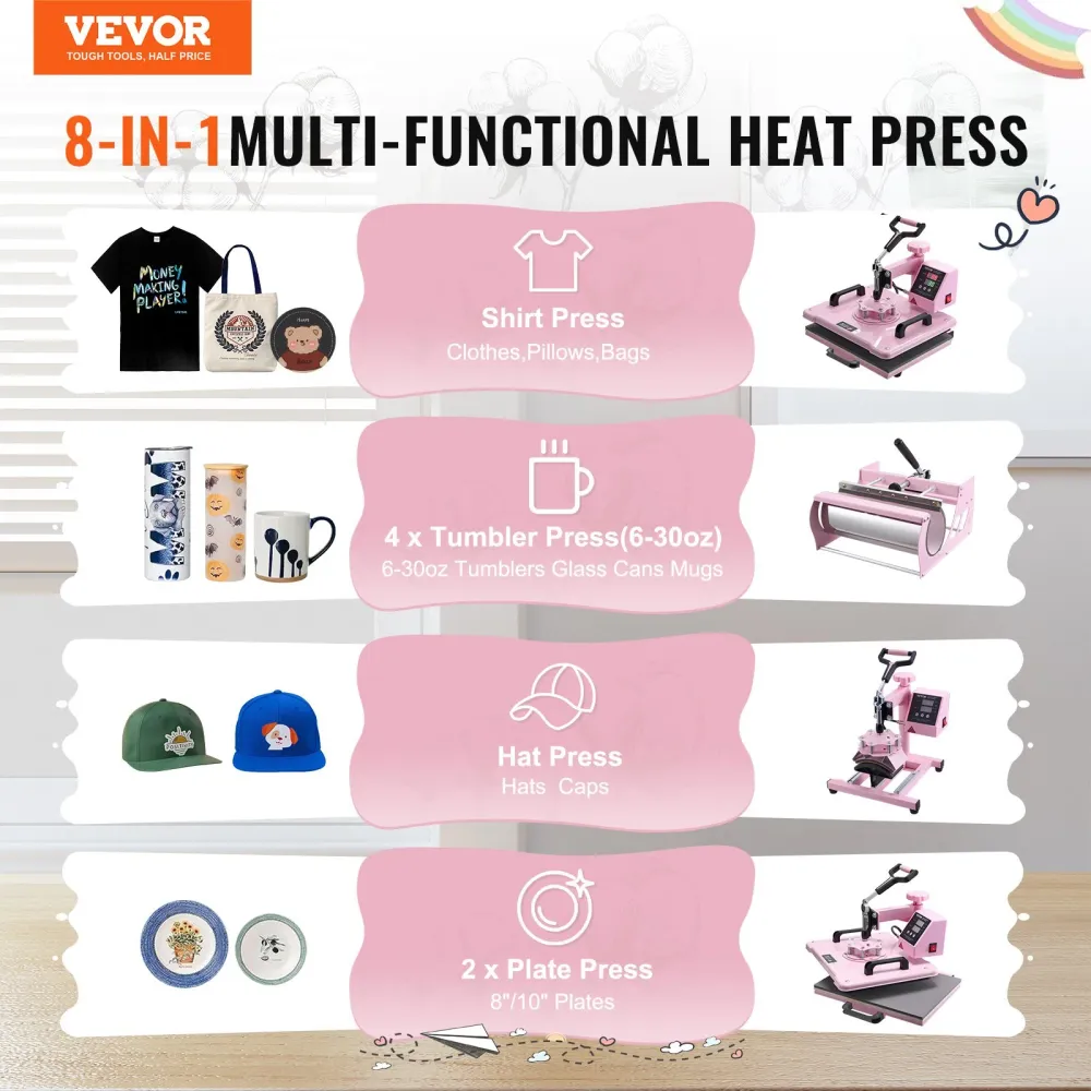 Máquina de Transferência Térmica VEVOR 8 em 1 Rosa