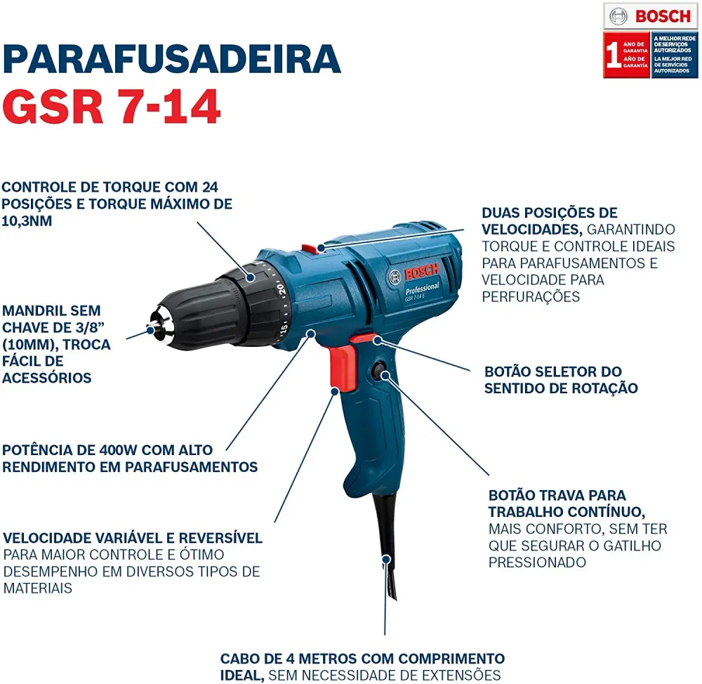 PARAFUSADEIRA / FURADEIRA 3/8" GSR 7-14E 06014470E0 400W 220V BOSCH