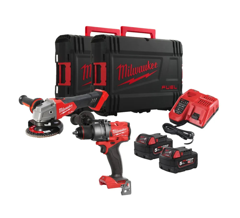 Powerpack Martelo perfurador + Rebarbadora + 2bat 5Ah + Carregador Milwaukee com 2 caixas M18 FPP2E3-502X