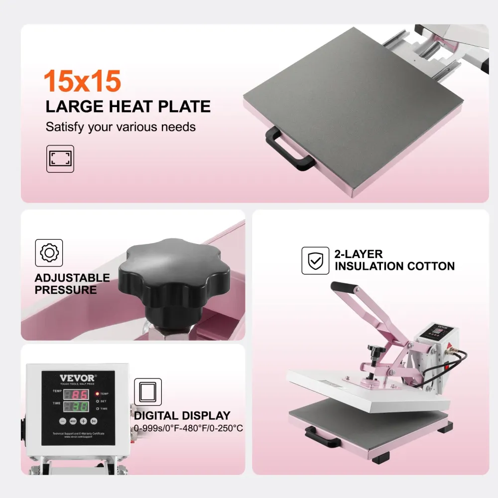 Prensa Térmica VEVOR 380x380 mm Rosa - Fácil e Eficiente