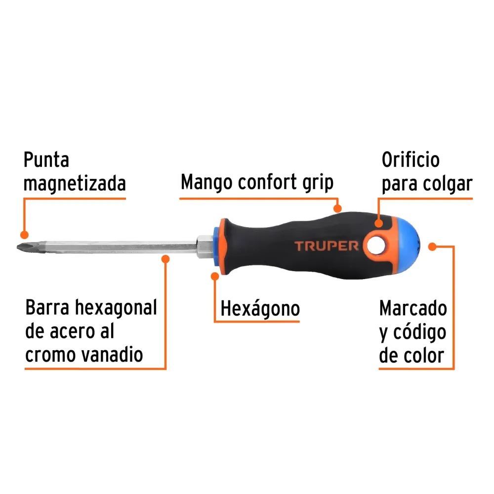 Desarmador Mango Comfort Grip Truper de Cruz 1/4" (#2) X 4"