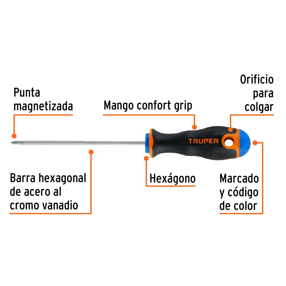 Desarmador Mango Comfort Grip Truper de Cruz 1/8" (#0) X 4"