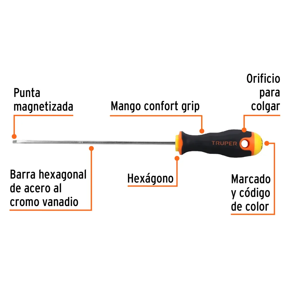 Desarmador Mango Comfort Grip Truper Plano 1/8" X 6"
