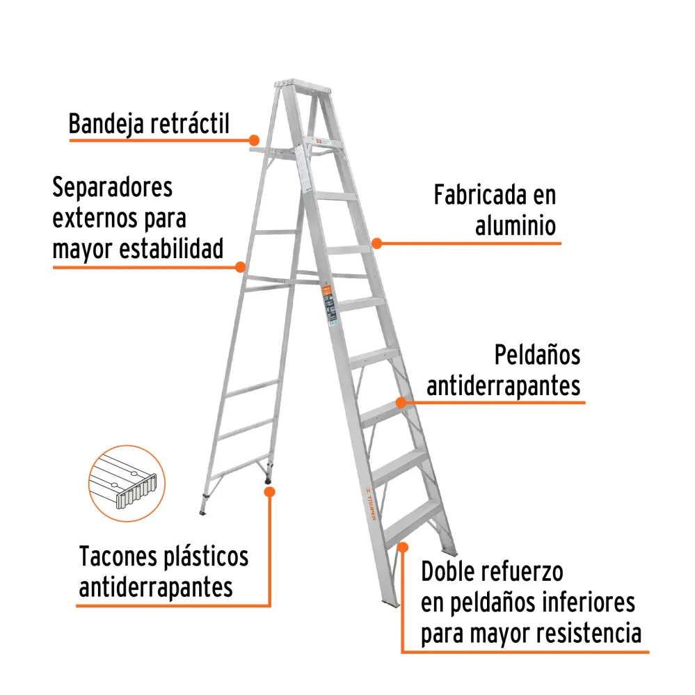 Escalera Tipo Tijera 100% Aluminio Tipo II Truper 8 Peldaños con Bandeja
