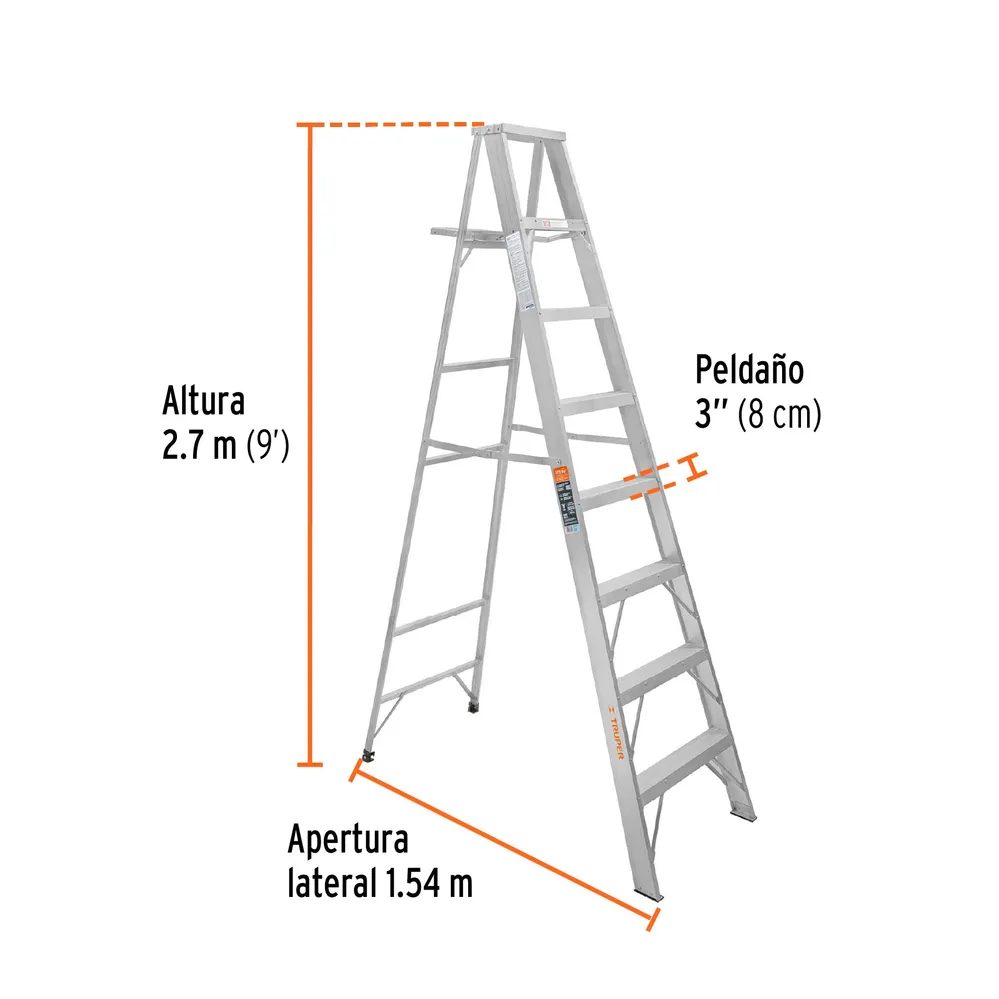 Escalera Tipo Tijera 100% Aluminio Tipo II Truper 8 Peldaños con Bandeja