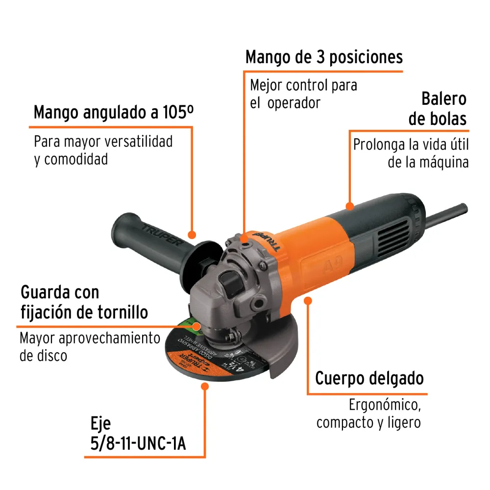 Esmeriladora Angular 4"1/2 - 800 Watts Truper Pro