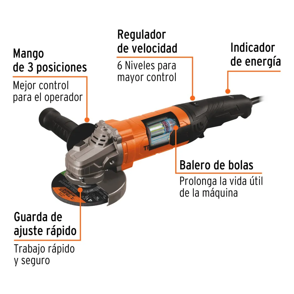 Esmeriladora Angular 4"1/2 - Velocidad Variable 1,100 Watts Truper Pro