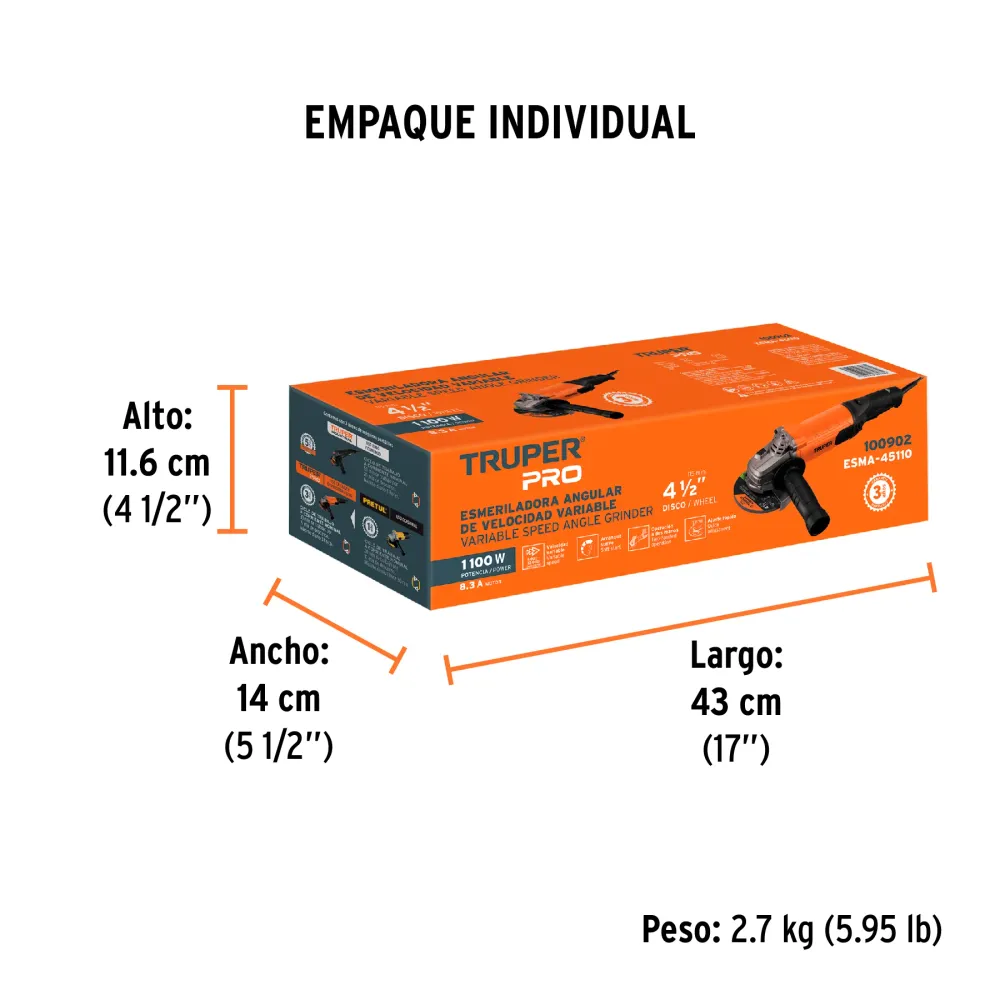 Esmeriladora Angular 4"1/2 - Velocidad Variable 1,100 Watts Truper Pro