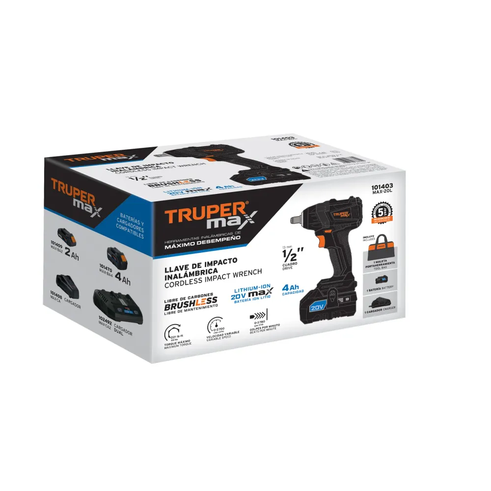 Llave de Impacto Inalambrica 20 Volts Broquero de 1/2" Brushless Truper Max
