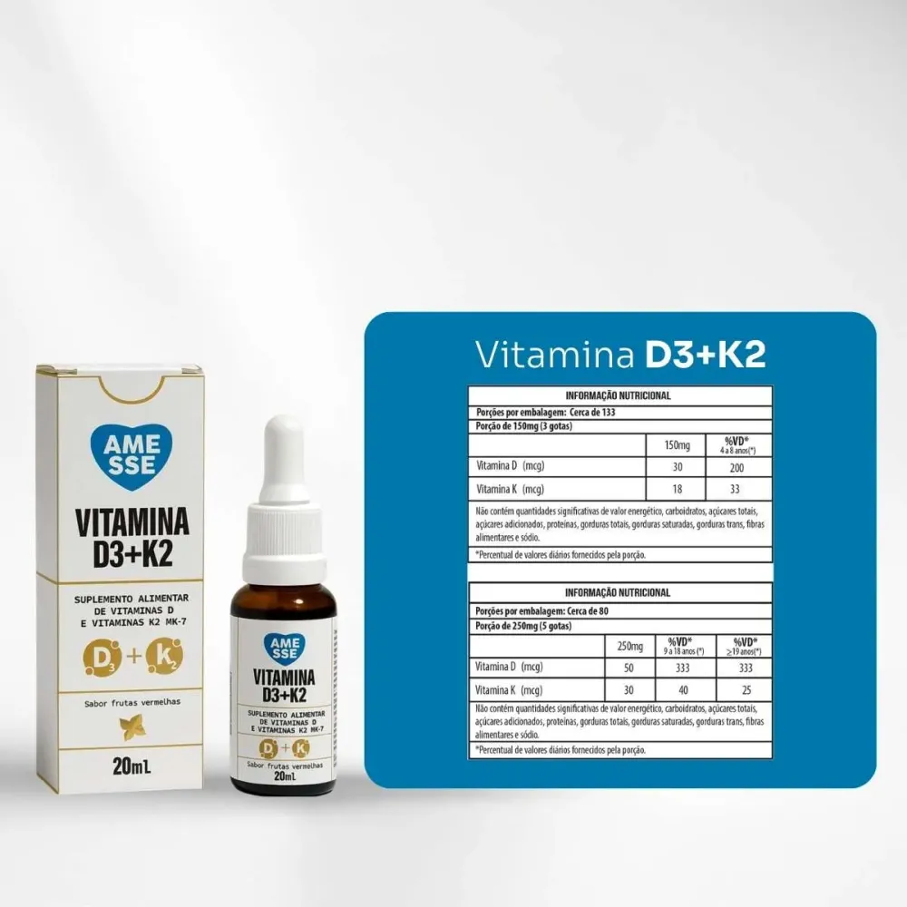Vitamina D3+K2 Complexo Ósseo - Fórmula Avançada Amesse 20ml