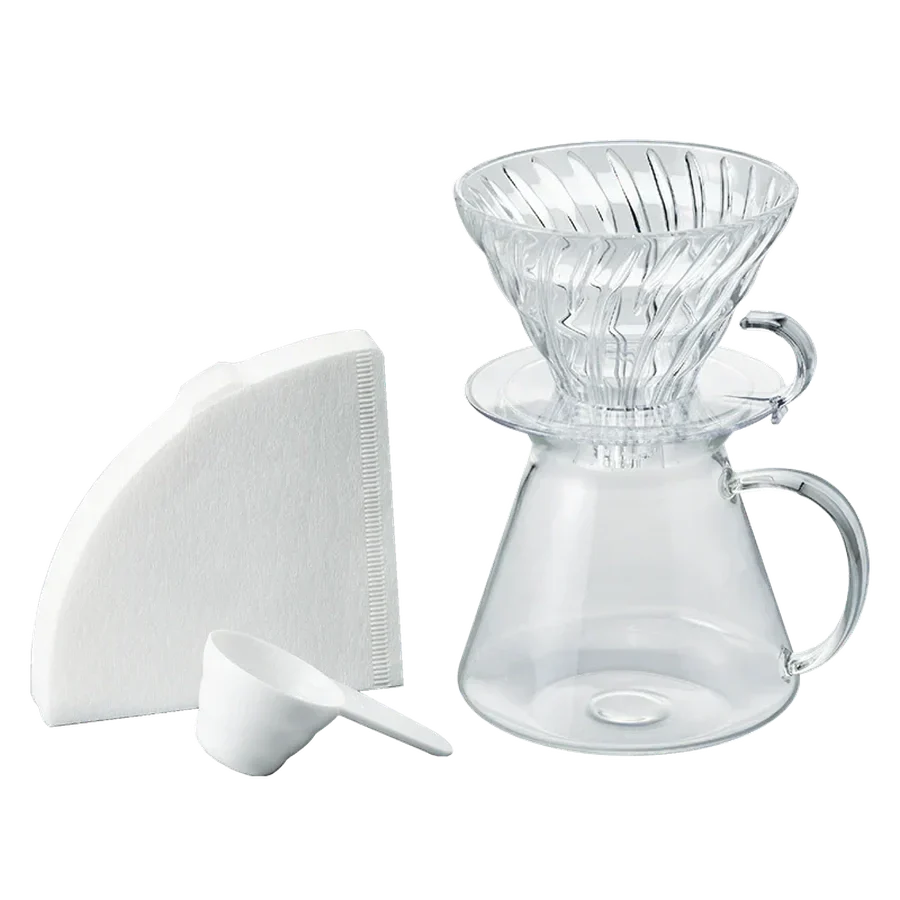 Conjunto de Preparação Hario V60 em Vidro 02 - Conjunto de Café de Filtro em Vidro