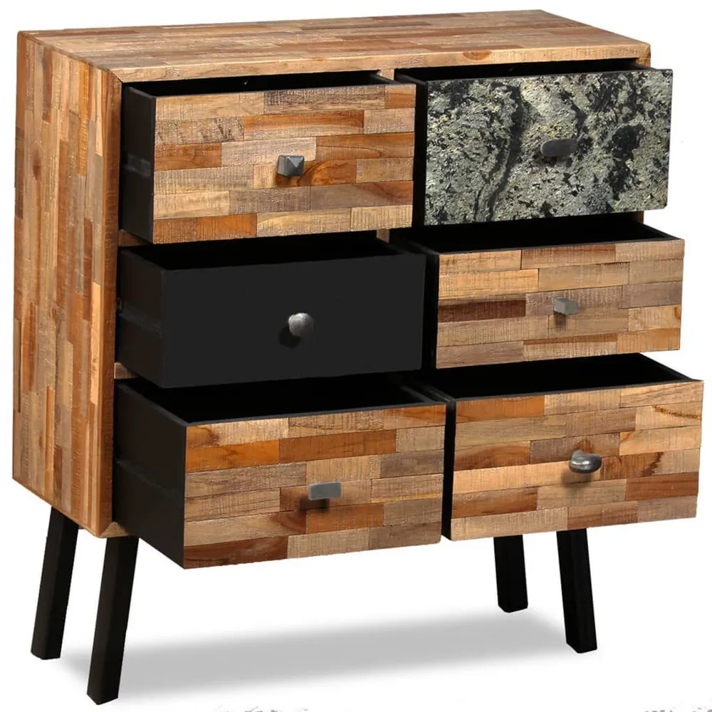 Móvel lateral com 6 gavetas teca reciclada maciç 70x30x76 cm