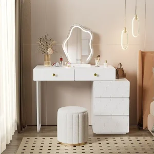 Penteadeira com 5 gavetas e uma porta - Sem espelho - 90 x 40 x 73,5 cm - Madeira MDF - Branco