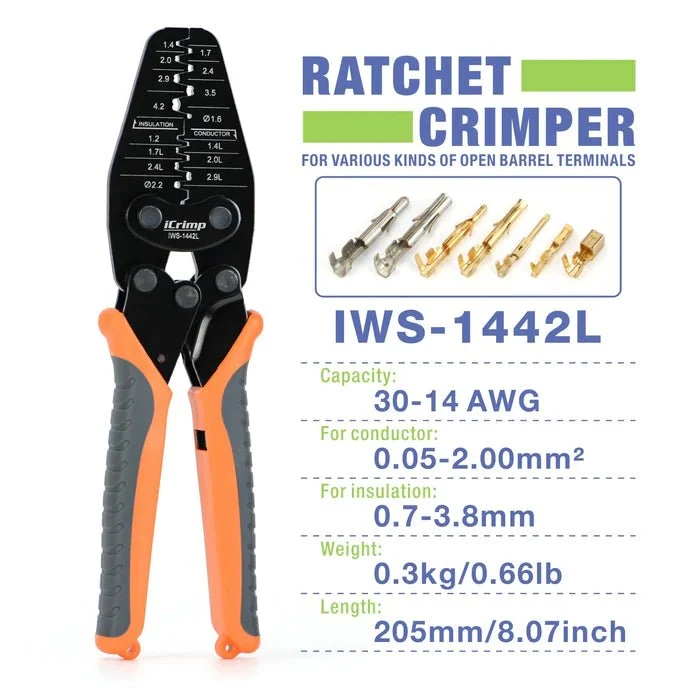Alicate de crimpagem de microconectores IWS-1442L para crimpagem de conectores de cilindro aberto de 30 AWG 14 AWG da Mole...