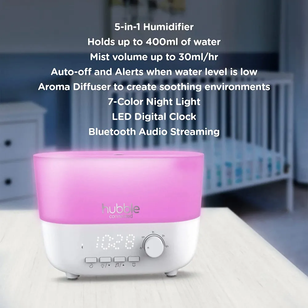Hubble Umidificador inteligente Connected Mist 5 em 1 com difusor de aroma, alto-falante Bluetooth, luz noturna de 7 cores...