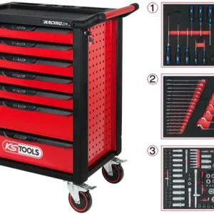 Carrinho de oficina KS Tools RACINGline PRETO/VERMELHO com 7 gavetas e 215 ferramentas superior, 826.7215