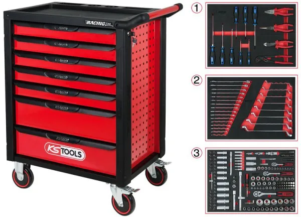 Carrinho de oficina KS Tools RACINGline PRETO/VERMELHO com 7 gavetas e 215 ferramentas superior, 826.7215