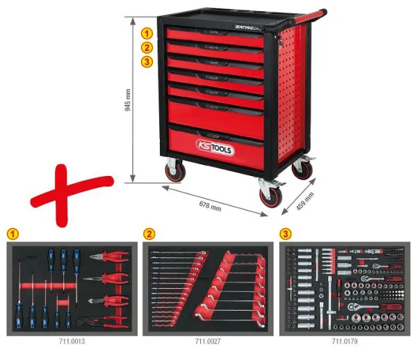 Carrinho de oficina KS Tools RACINGline PRETO/VERMELHO com 7 gavetas e 215 ferramentas superior, 826.7215