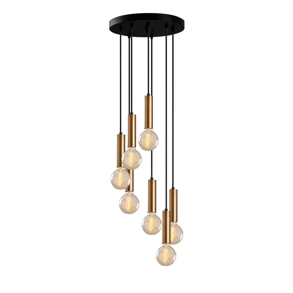 Suspensão 7 lâmpadas tubo curto escada Jona Metálico Ouro antigo com Compressão Ajustável