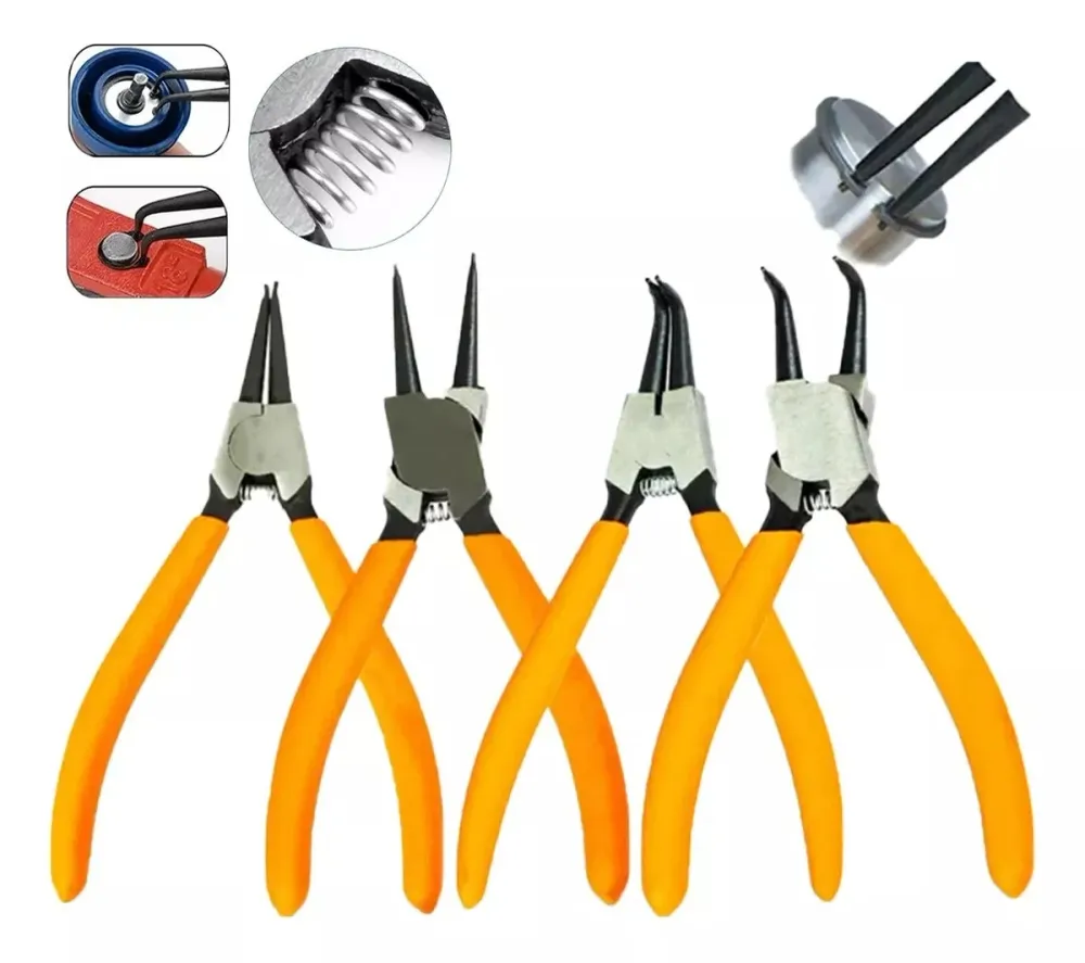 Kit com 4 Alicates para Trava Extrator Anel Interno e Externo