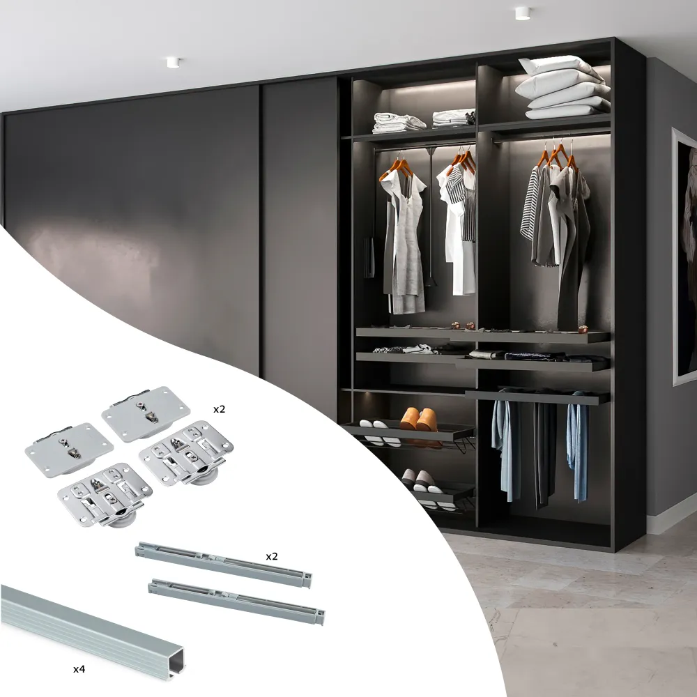 Kit de ferragens para guarda-roupa deslizante Flow de 2 portas com fecho suave e calhas embutidas, 2,35 m, painéis não inc...