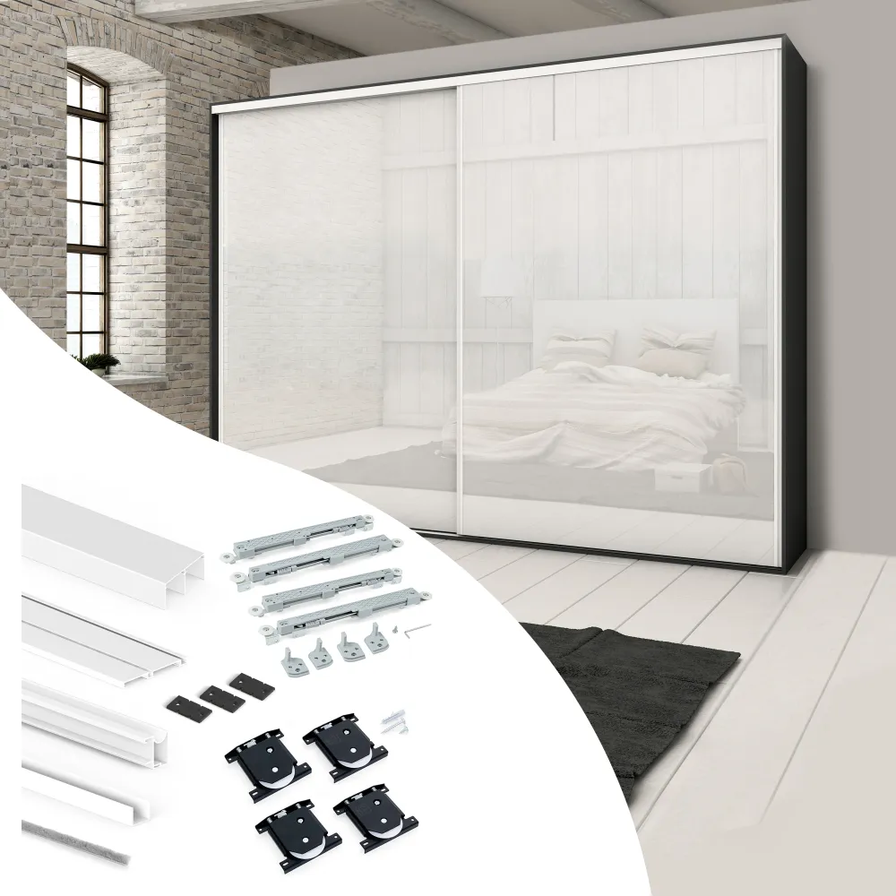 Kit de ferragens para guarda-roupa Emuca com 2 portas de correr e fechamento suave Placard 74, perfil ondulado, espessura...