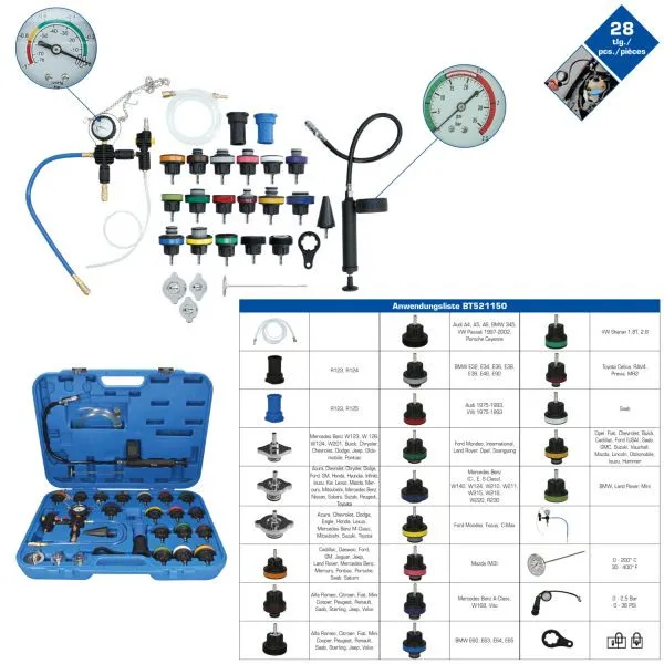 Bomba de Lavagem Kit de diagnóstico do sistema de resfriamento mestre de ferramentas brilhantes 28 peças BT521150
