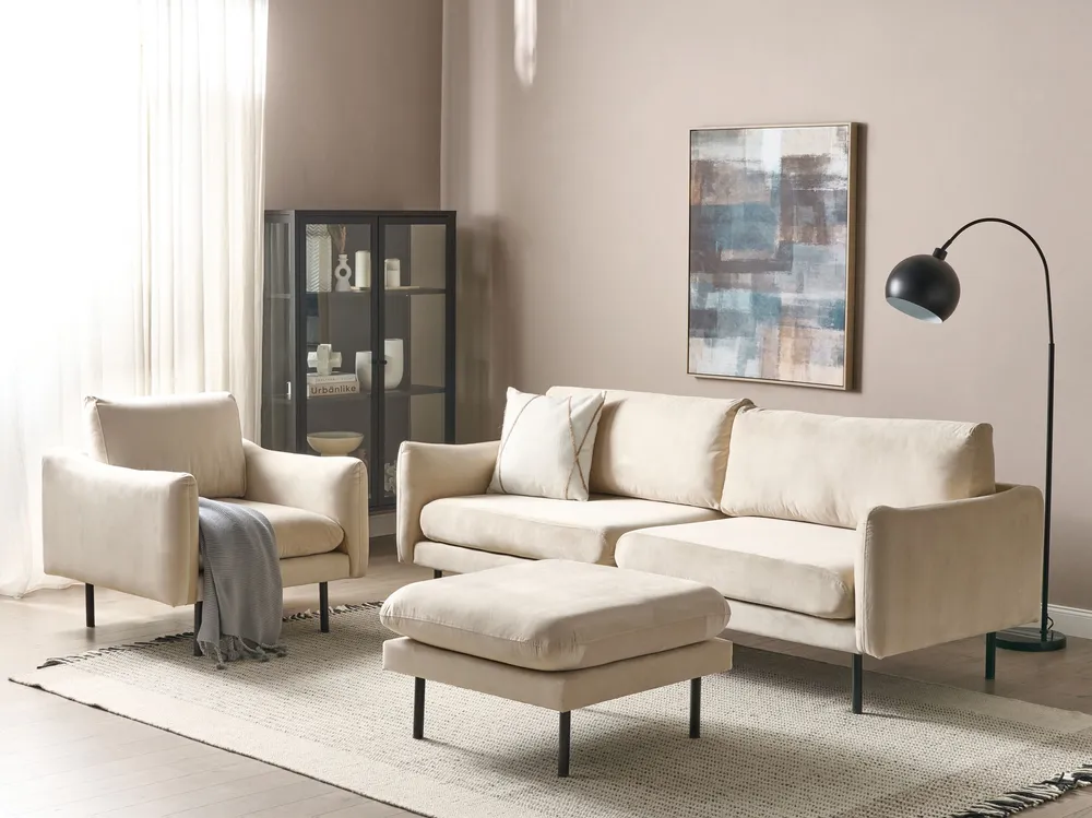 Velvet Living Room Set Ottoman Light Beige VINTERBRO