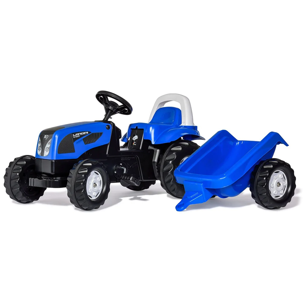 Trator com pedais Rolly Kid Landini com reboque - azul Conjunto com 2 Luzes