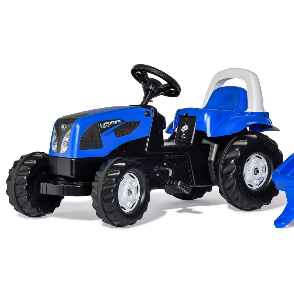 Trator com pedais Rolly Kid Landini com reboque - azul Conjunto com 2 Luzes