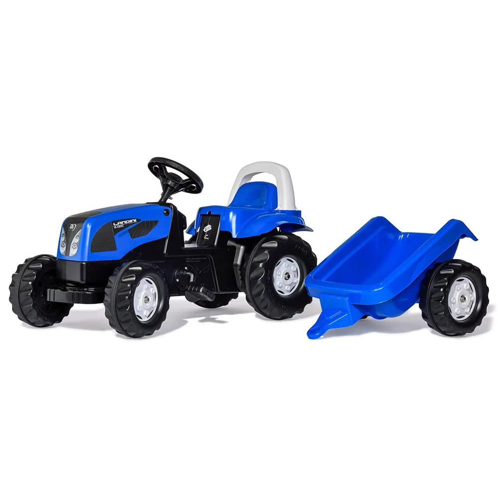 Trator com pedais Rolly Kid Landini com reboque - azul Conjunto com 2 Luzes