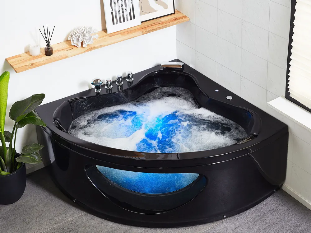 Whirlpool Corner Bath LED 2050 x 1460 mm Negro TOCOA