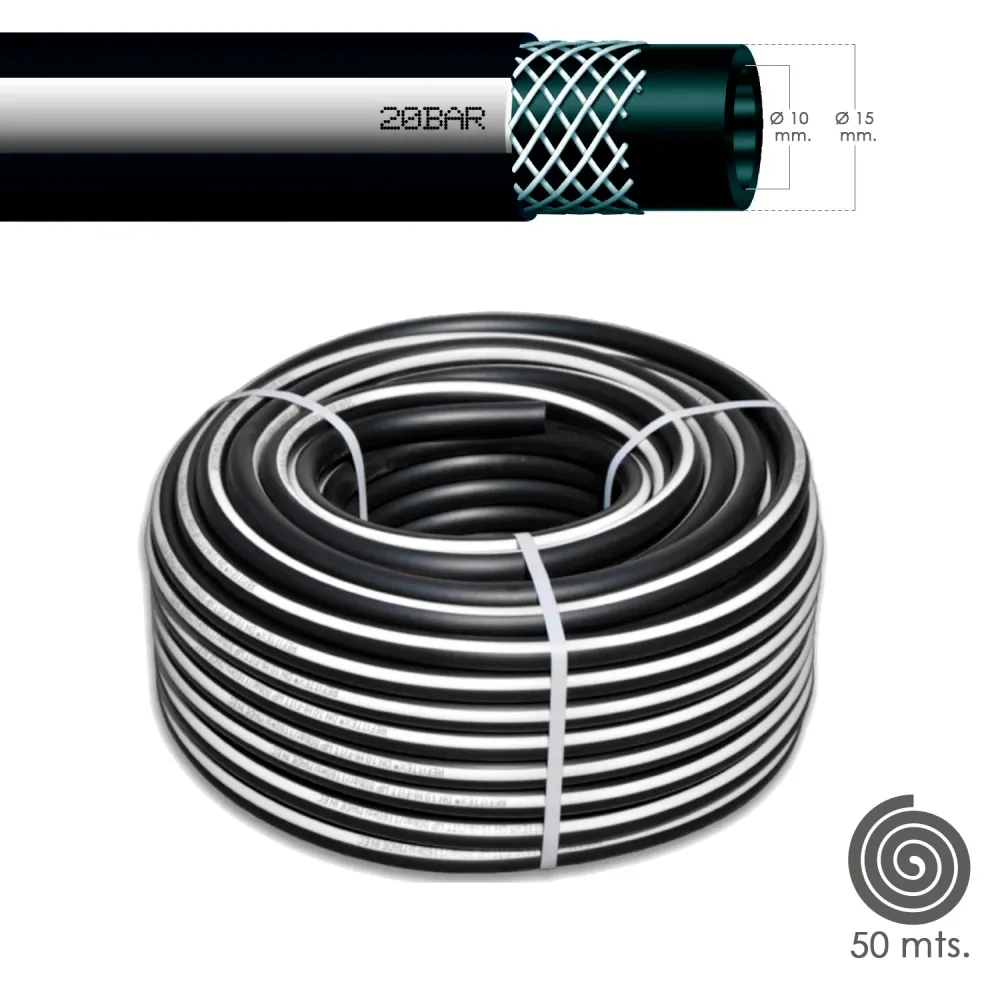Mangueira de ar comprimido preta 10 x 19 mm. 20 bar. Rolo de 50 metros.