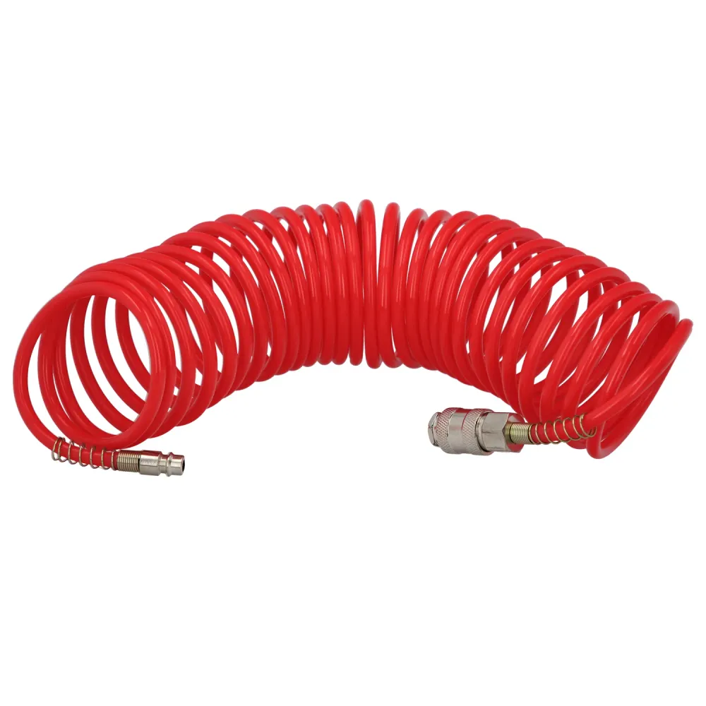 Mangueira espiral de ar comprimido de 15 metros com adaptador rápido.