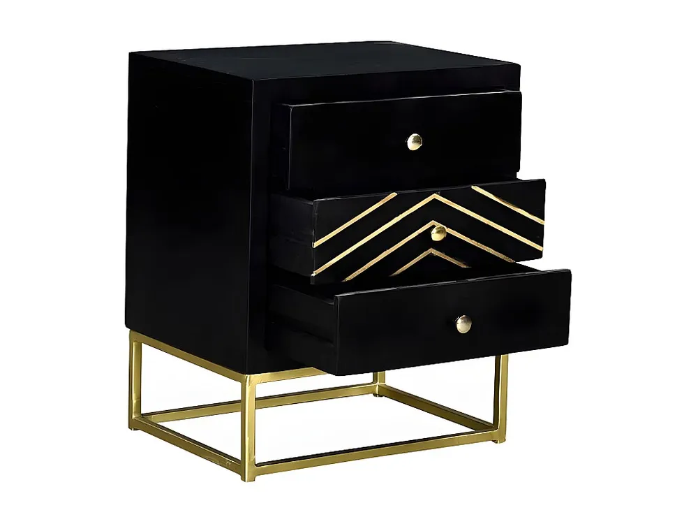 Mesa cabeceira art déco 3 gavetas mangueira preta/metal PRISMIN