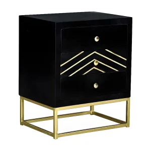 Mesa cabeceira art déco 3 gavetas mangueira preta/metal PRISMIN