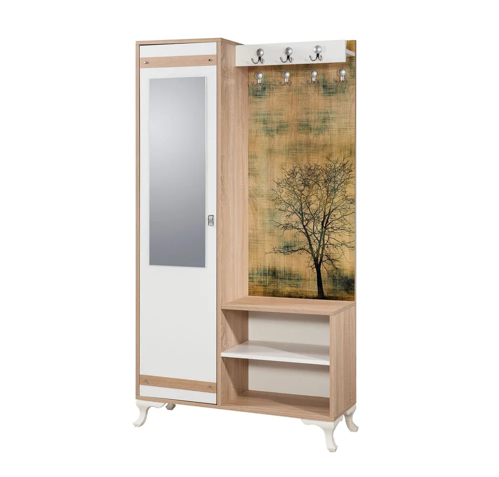 Móvel de entrada com espelho Ayfara L100xH190cm Madeira clara, Branco e Habitual Árvore de outono