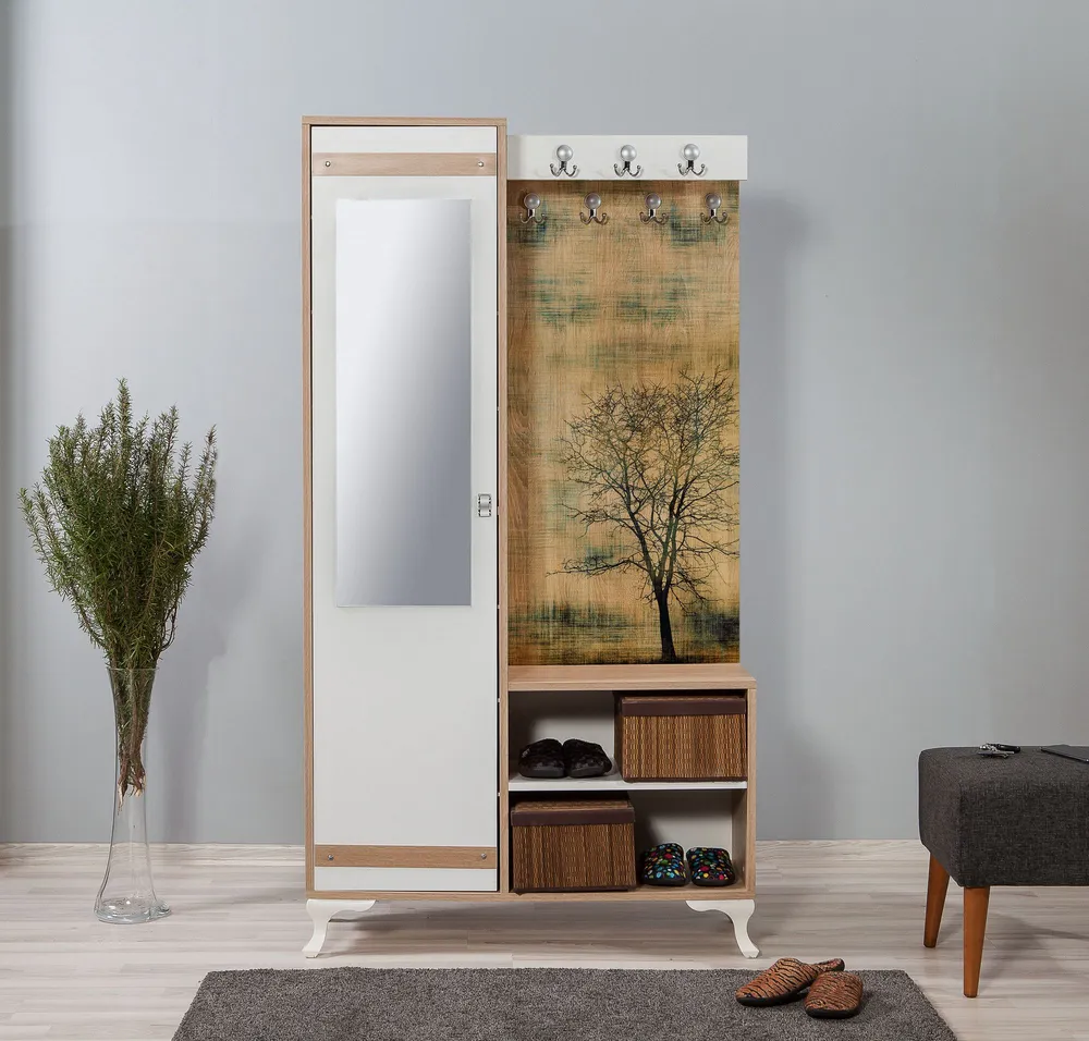 Móvel de entrada com espelho Ayfara L100xH190cm Madeira clara, Branco e Habitual Árvore de outono
