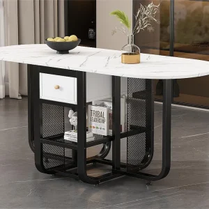 Mesa de jantar dobrável retrátil versátil - com 2 gavetas e prateleira de arrumação - aglomerado - branco e preto