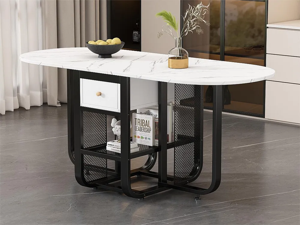 Mesa de jantar dobrável retrátil versátil - com 2 gavetas e prateleira de arrumação - aglomerado - branco e preto