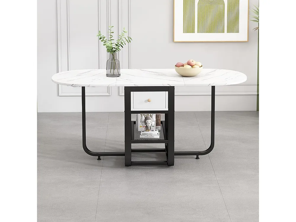 Mesa de jantar dobrável retrátil versátil - com 2 gavetas e prateleira de arrumação - aglomerado - branco e preto